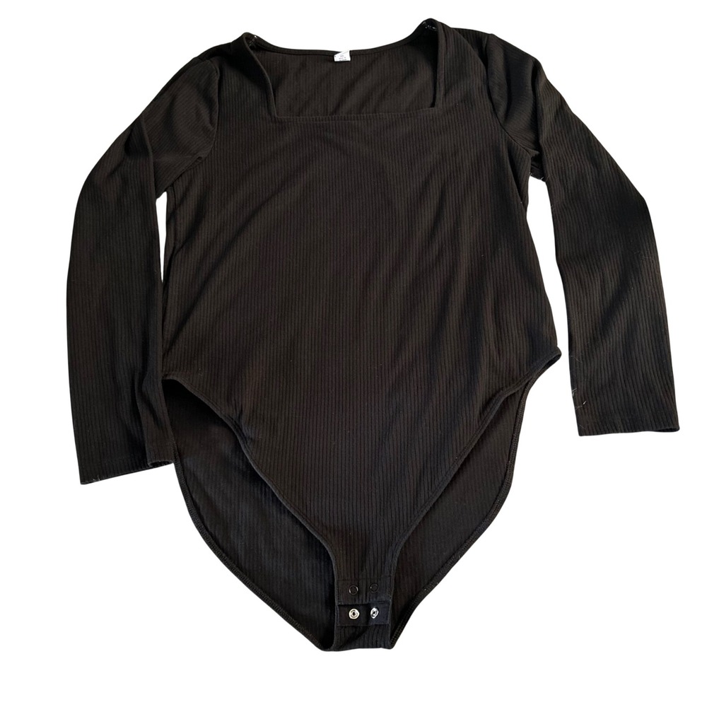 Old Navy Square Neck Ribbed Bodysuit Womens Size XXL Black Long Sleeve One Piece